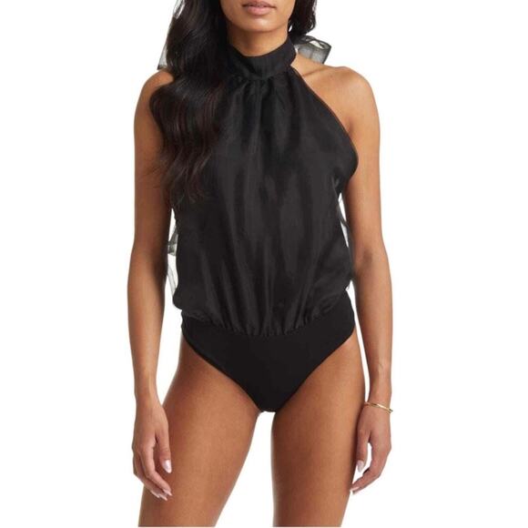 VICI Collection Bodysuit Sz XS Black Organza Halter Backless Tie-Neck Thong - Picture 1 of 12